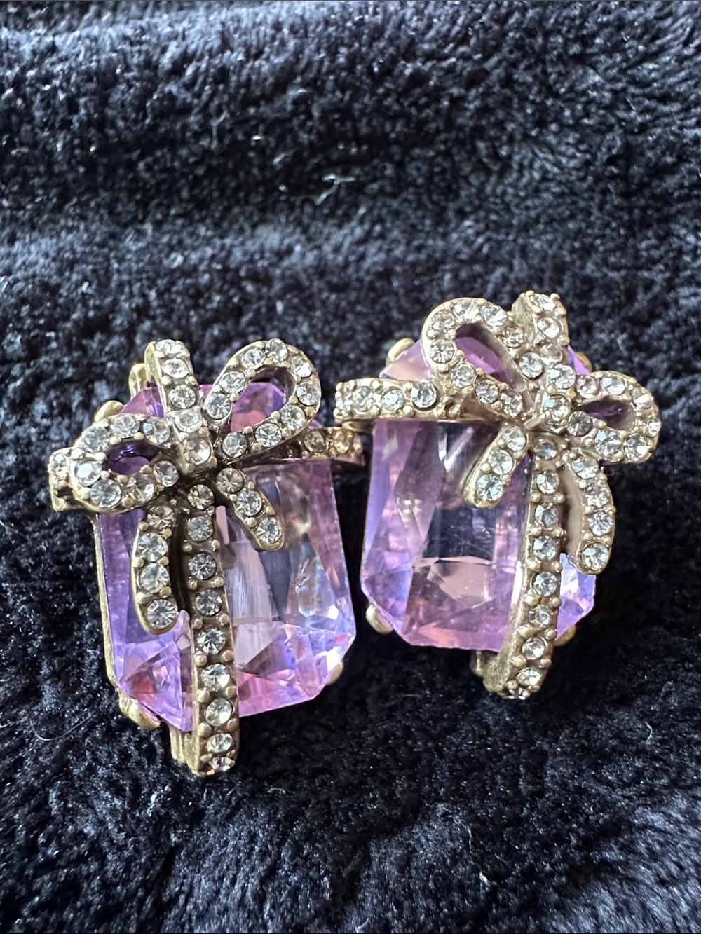 Gold Bow Pink and Purple Crystal Stud Earrings